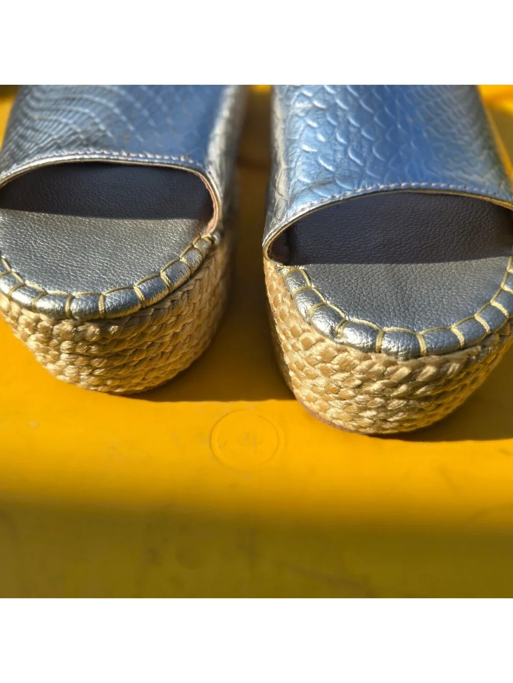 BGA Silver Metallic Platform Slide Sandals with Woven Espadrille Wedge Heel, US